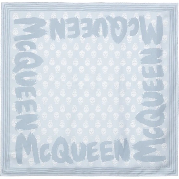 Alexander McQueen Accessories - Alexander McQueen Graffiti Logo Skull Print Silk Biker Scarf Sky Blue NWT